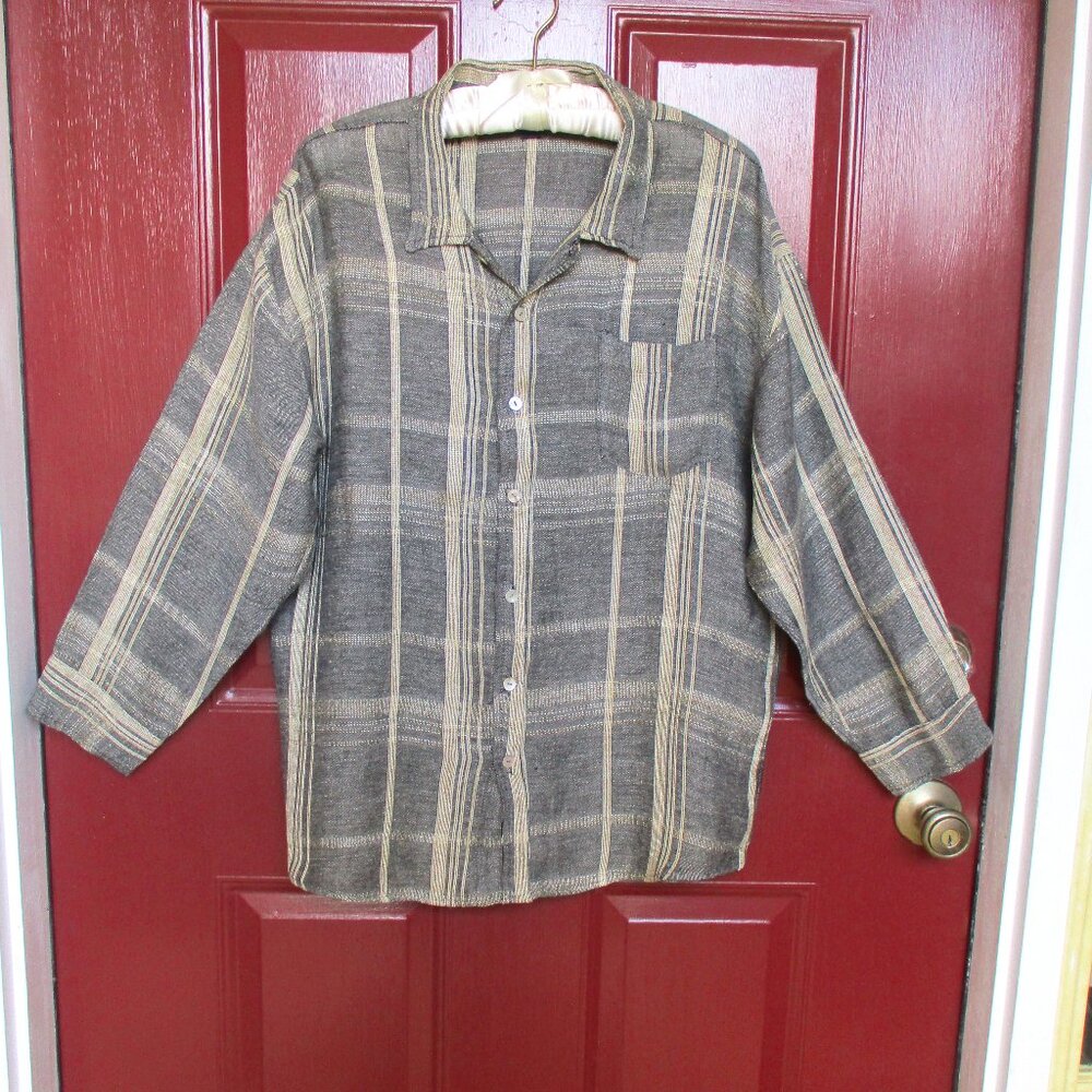 Of Two Minds Shirt LARGE Grey Beige Silver Thread Accents Linen